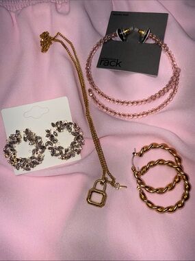 Jewelry Bundle, Gold, Crystal, Pink Beaded hoops and Lock Necklace